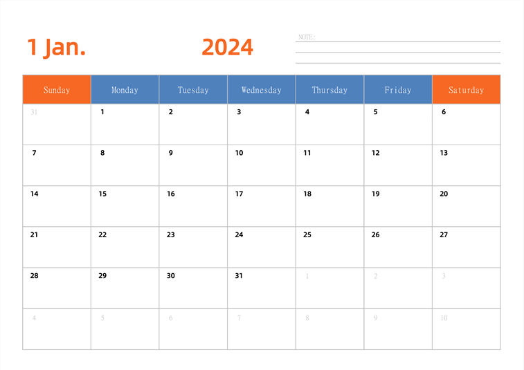 2024年日历台历 英文版 横向排版 周日开始